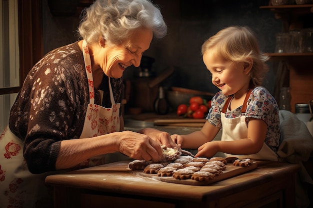 Пожилая женщина учит своего внука печь печенье, передавая семейные традиции