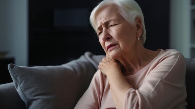 Elderly woman a terrible heartache while lying on the couch aging health issues and a low quality of life The Generative AI