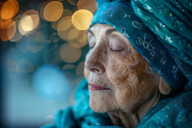 Elderly woman in a turban on the street at night