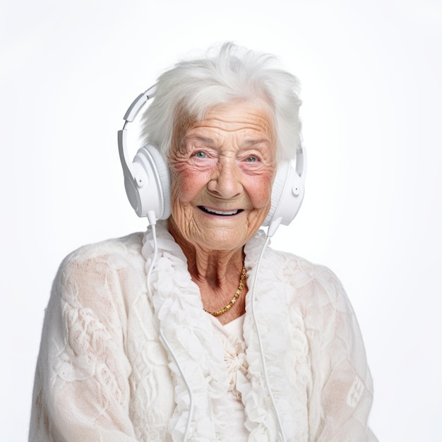 음악 을 즐기기 위해 이어폰 을 사용하는 노인 여자