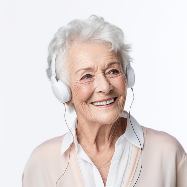 Elderly woman using earphone to enjoy music