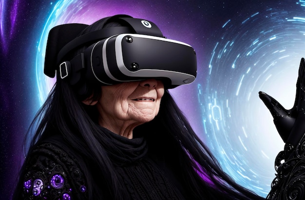 Elderly woman in VR goggle on background of space Portrait of happy retired lady in virtual reality glasses Generative AI