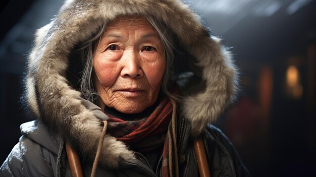 An elderly woman in a warm Eskimo fur jacket and hood closeup High quality photo