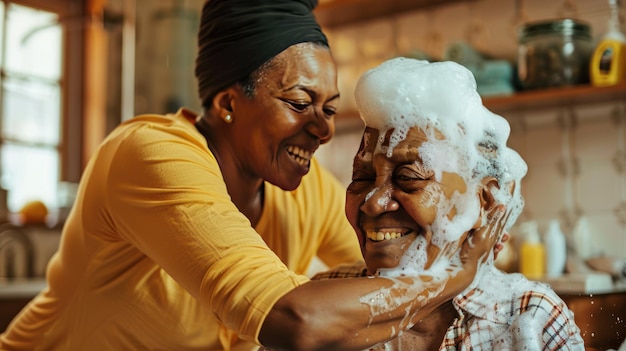 Photo an elderly woman washes her hair in a beauty salon african woman old woman