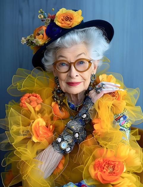An elderly woman wearing a hat and a yellow dress