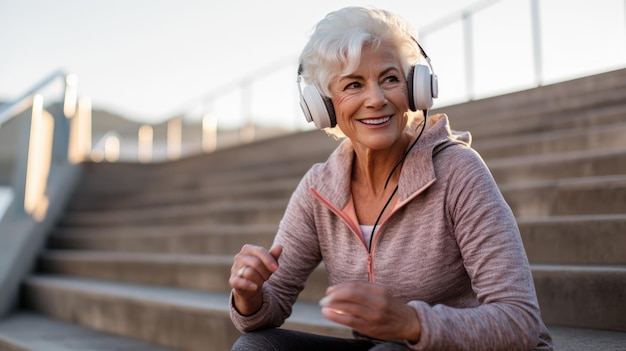 An elderly woman wearing headphones and exercising outside Created with Generative AI technology