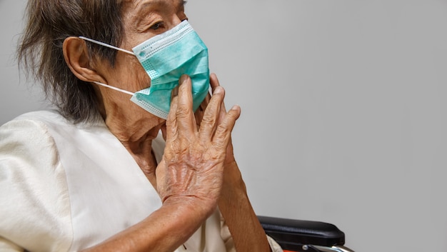 Elderly woman wearing a mask to protect from coronavirus covid-19