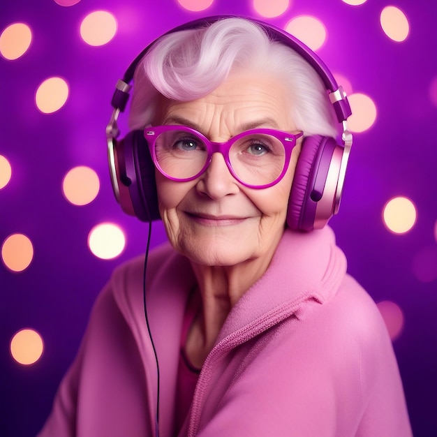 Elderly woman wearing pink glasses and headphones