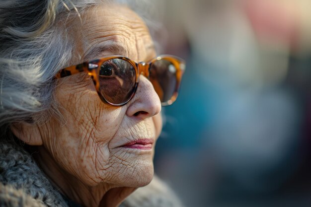 선글라스를 착용 한 노인 여성 이 멀리 를 쳐다보고 있다