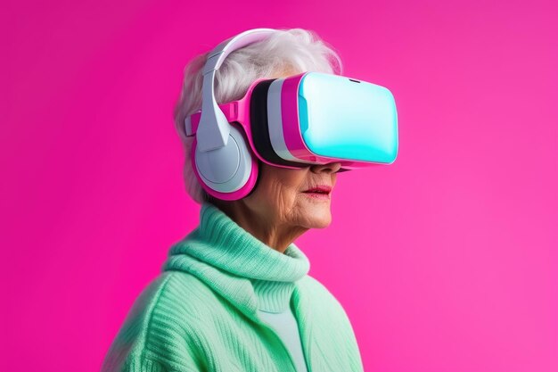 Elderly woman wearing virtual reality glasses over pink background