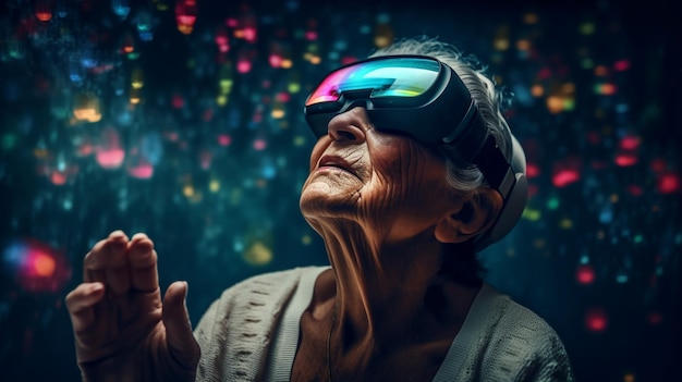 Elderly woman wearing virtual reality goggles Future technology conceptgenerative ai