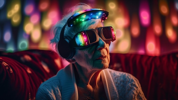 Elderly woman wearing virtual reality goggles Future technology conceptgenerative ai