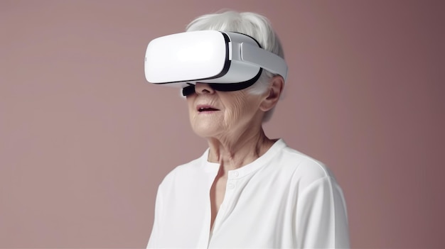 An elderly woman wearing a virtual reality goggles.