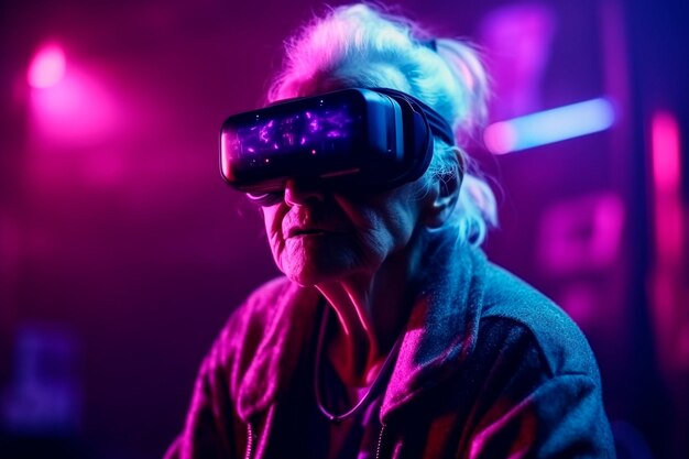 An elderly woman wearing a virtual reality headset.