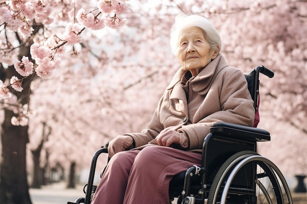 Photo elderly woman in a wheelchair against a background of care generative by ai