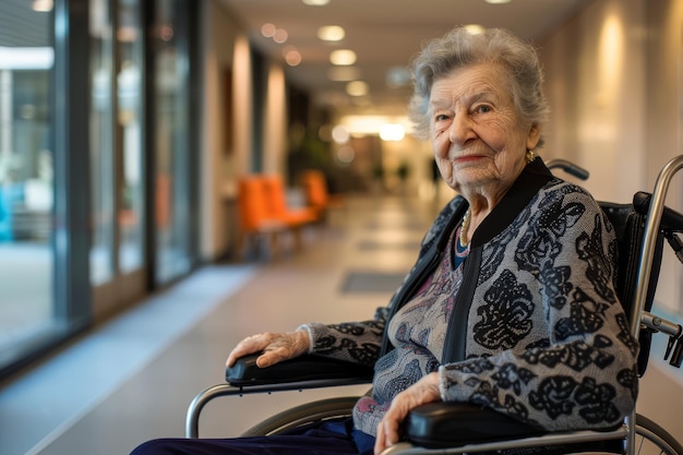 Пожилая женщина в инвалидном кресле в коридоре больницы