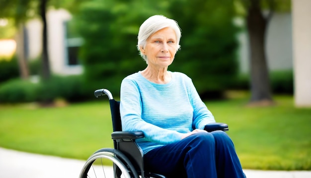 an elderly woman in a wheelchair is sitting outside als awareness