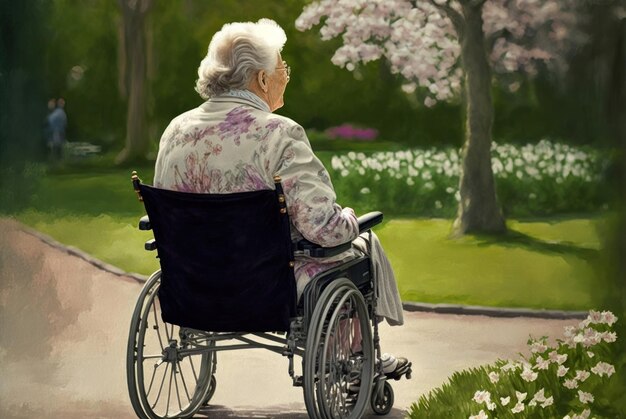 An elderly woman in a wheelchair is sitting in a park.