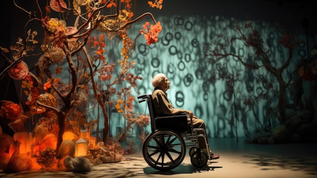 An elderly woman in a wheelchair sits in front of a tree ai