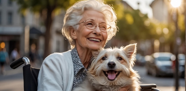 Elderly woman in a wheelchair with a dog outside in the park