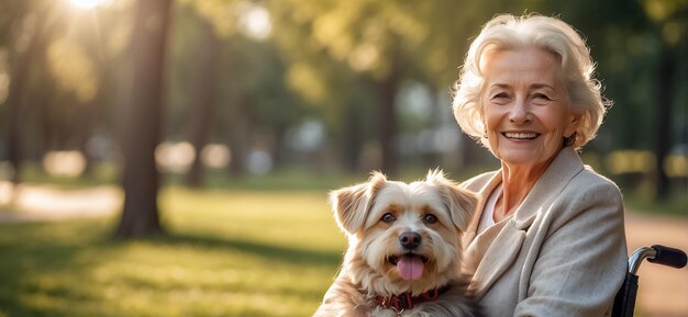 Elderly woman in a wheelchair with a dog outside in the park