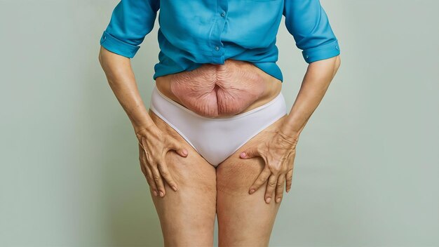 Photo elderly woman in white panties shows cellulite and varicose veins on a light isolated background