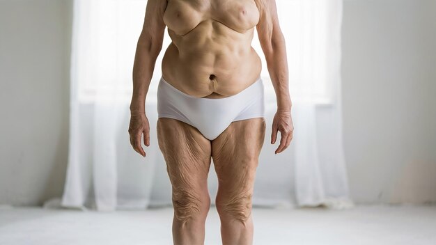 Elderly woman in white panties shows cellulite and varicose veins on a light isolated background