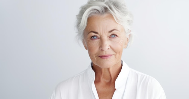 Elderly Woman in White Shirt on White Background AI Generated