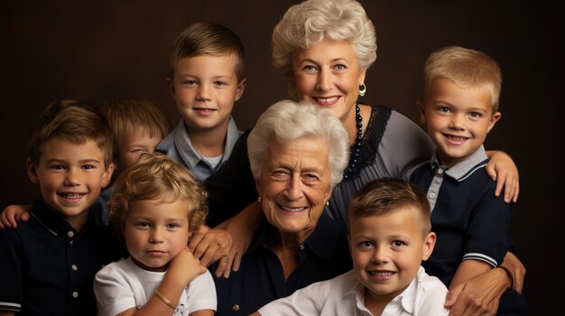 사진 즐거운 미소를 짓는 노인 여성은 5명의 어린 소년들에 둘러싸여, 아마도 그녀의 손자들, 모두 집안 환경에서 가 따뜻한 가족 초상화를 위해 가까이 모여 있습니다.