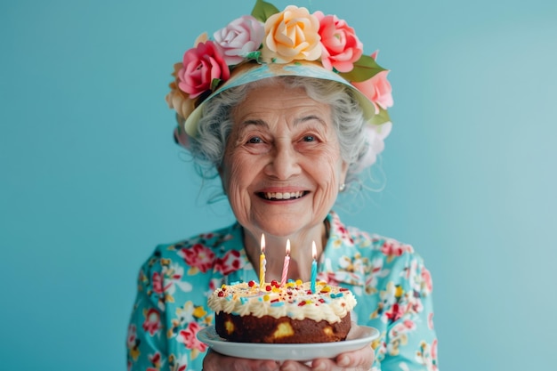 Elderly woman with birthday cake and candles on blue background