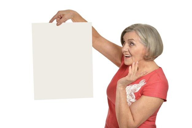 Elderly woman with blank card