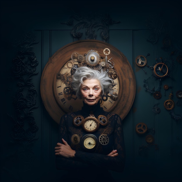 an elderly woman with a clock in the style of steampunk with green background