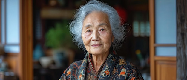 Elderly Woman With Gray Hair in Floral Shirt