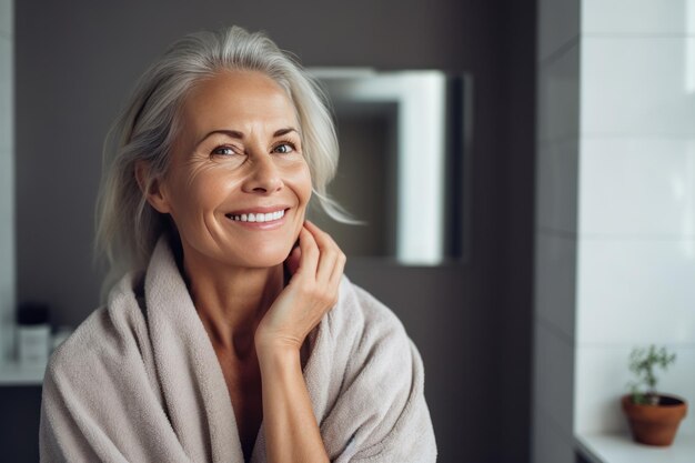 회색 머리카락을 가진 노인 여성은 쾌적한 욕조에서 깨한 피부를 돌보고 있습니다.