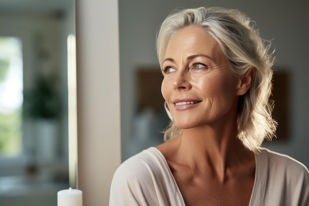 Photo elderly woman with gray hair takes care of herself in a cozy bath clean skin