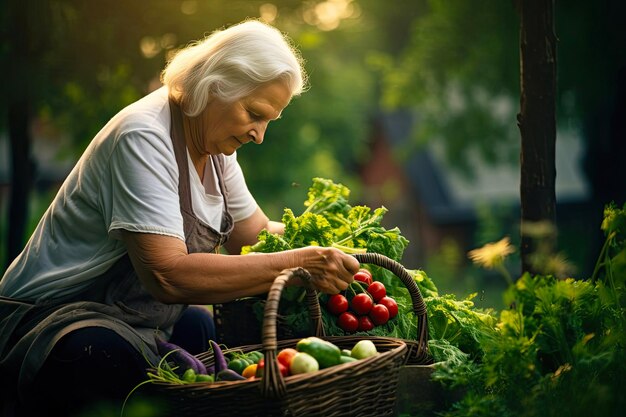 Photo an elderly woman with a harvest of vegetables and fruits in a basket from your garden in the courtyard of his house ecofriendly vegetable garden selfcultivation of vegetables hobby ai generated