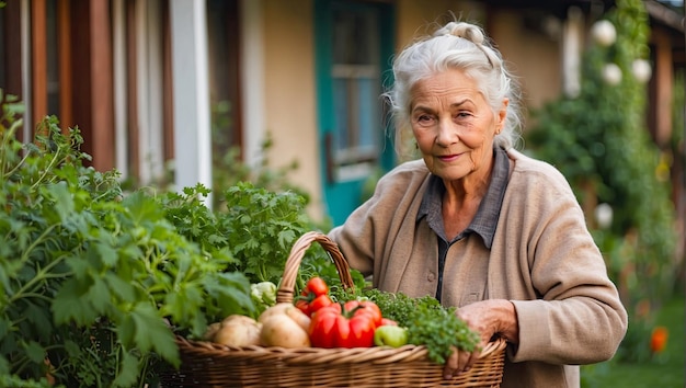 Foto una donna anziana con un raccolto di verdure e frutta in un cesto dal tuo giardino nel cortile della sua casa giardino vegetale ecologico auto-coltivazione di verdure hobby ai generato