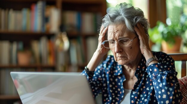 Elderly woman with headache working from home during quarantine