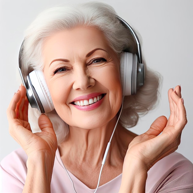 elderly woman with headphones on white background ai generative