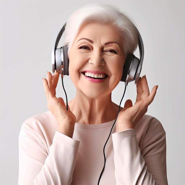 elderly woman with headphones on white background ai generative