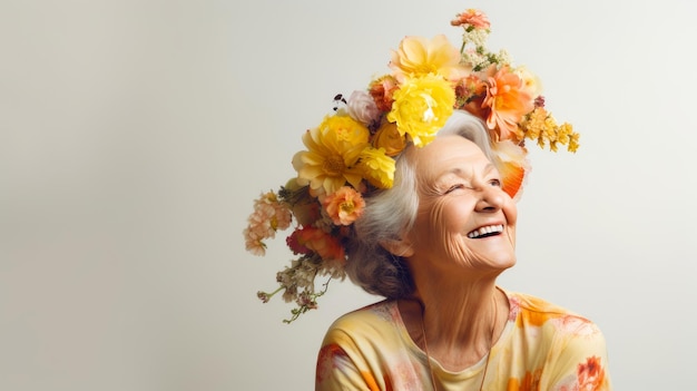 An elderly woman with her head covered with spring flowers on a light background