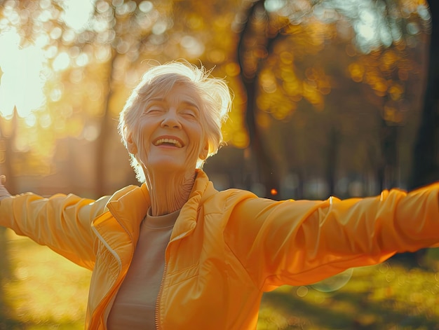 Photo an elderly woman with a joyful expression arms outstretched in a sunny park embodies the essence of happiness and wellbeing in the golden years outstretched senior smile nature outdoors joy