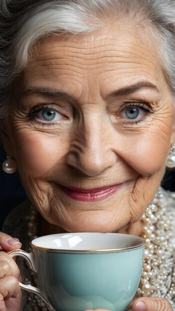 An elderly woman with a pearl necklace a wise smile and a vintage teacup her