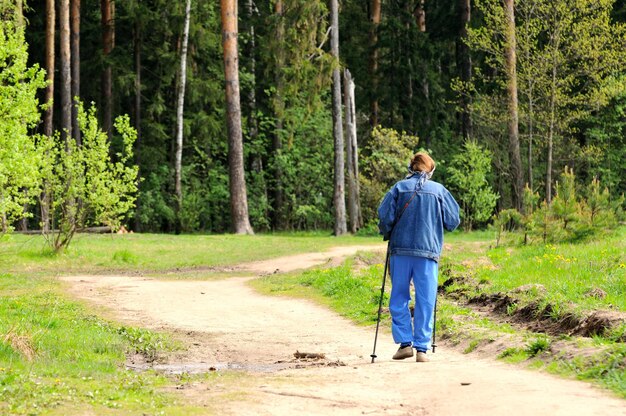 An elderly woman with Scandinavian sticks walks along a forest road on a May morning