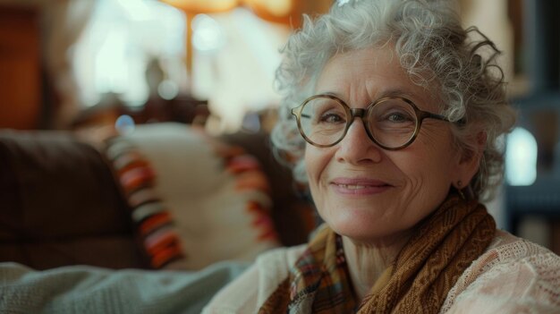 Elderly woman with silver hair and glasses smiles contentedly at home