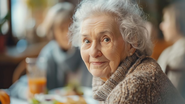 Elderly Woman with silver hair is dining indoor