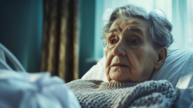 Пожилая женщина с серебристыми волосами спокойно отдыхает в больничной постели, окруженная мягким светом и нежными тенями.