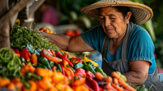 An elderly woman with a straw hat selling fresh produce at a market stall