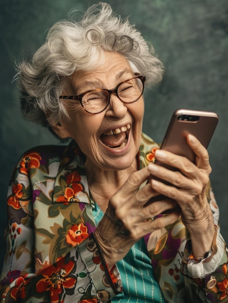 Elderly woman with surprise emotion when looking mobile phone