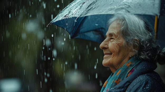 雨の中の傘を持った年配の女性